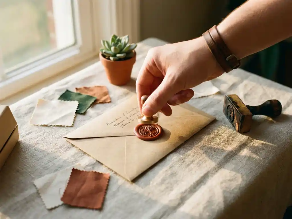 ambachtelijke-waszegel-kraftpapier-merkbeleving.jpg Hand die een op maat gemaakte waszegelstempel drukt op een handgeschreven kraftpapieren envelop, omringd door merkmateriaal op linnen ondergrond.