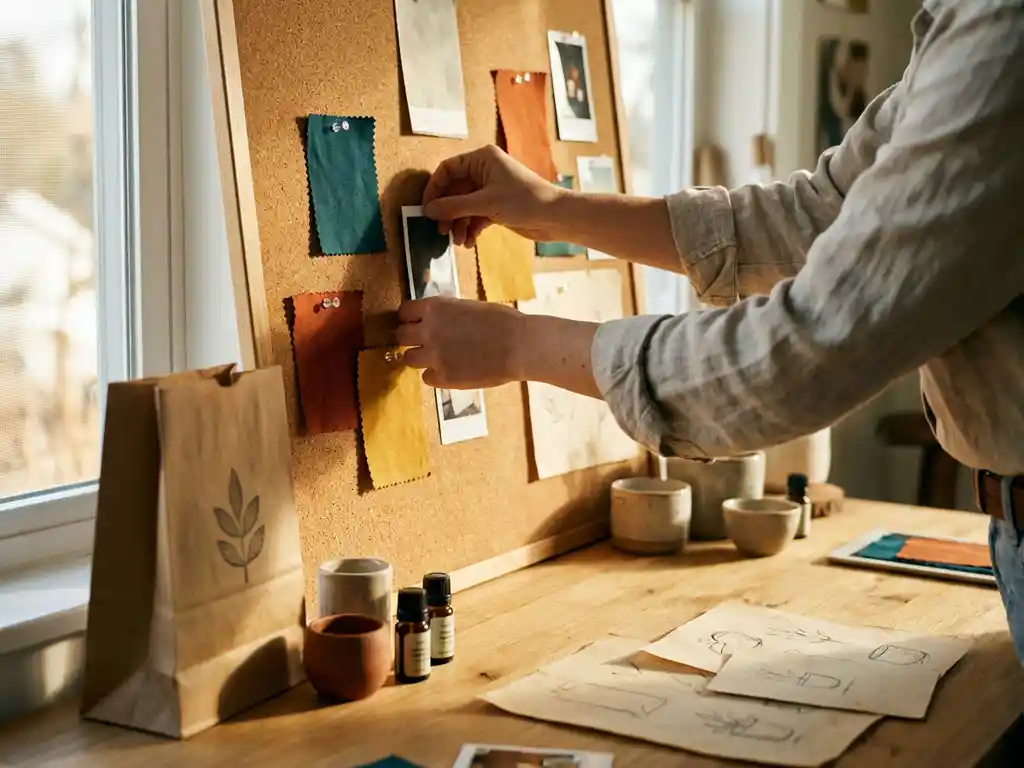 campagne-materiaal-kleine-ondernemer-moodboard.jpg Ondernemer prikt kleurrijke handgemaakte campagnematerialen op een kurk moodboard, omringd door productsamples en schetsen op een zonnig houten bureau.