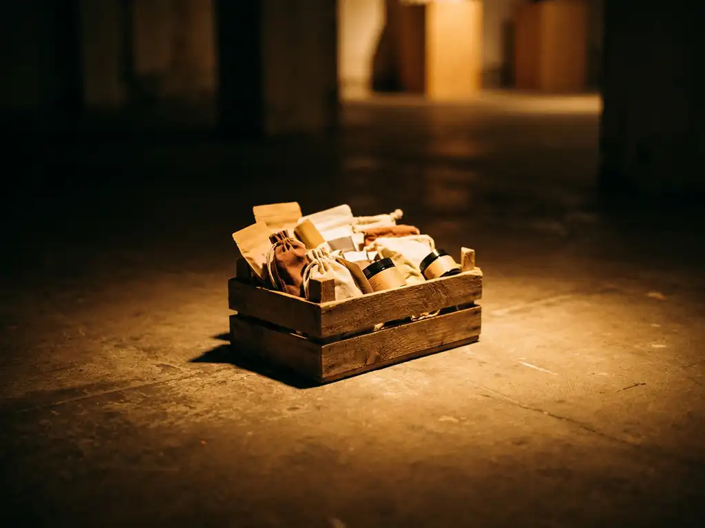 houten-krat-productmonsters-popup-spotlight.jpg Handgemaakt houten kistje vol kleurrijke productsamples, verlicht door een spotlight op een betonnen vloer in een lege pop-up ruimte.