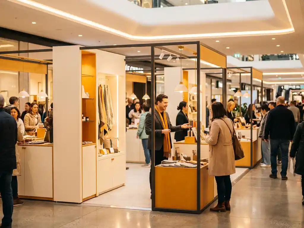 Pop-up winkel met modulaire productdisplay in winkelcentrumatrium, merkambassadeur in gesprek met bezoeker, warme sfeerverlichting.
