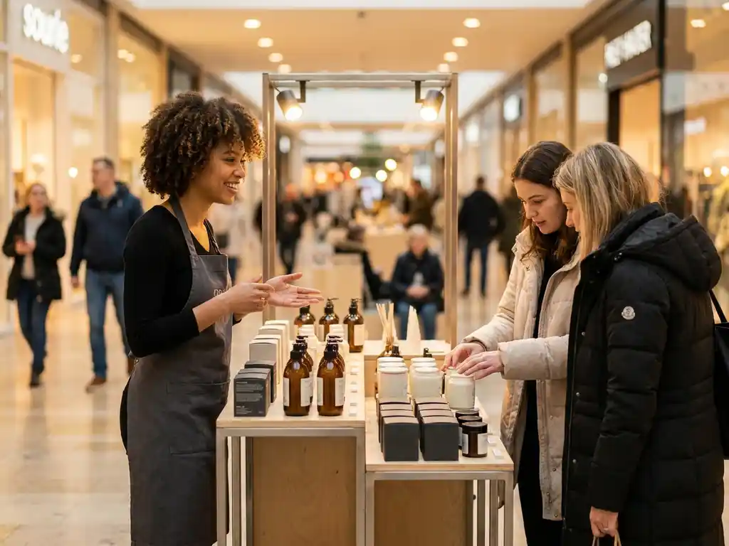 Merkambassadeur spreekt shoppers aan bij een stijlvolle pop-up display in een druk winkelcentrum, producten netjes uitgestald onder warm spotlicht.