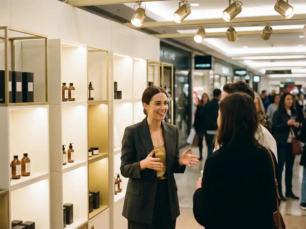 Zelfverzekerde brand ambassador in stijlvol outfit bij een pop-upwinkel met modulaire displayrekken vol premiumproducten.