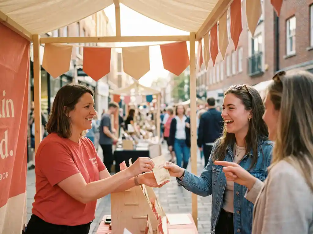 Merkambassadeur overhandigt productmonster aan bezoeker bij levendige pop-upwinkel op drukke winkelstraat.