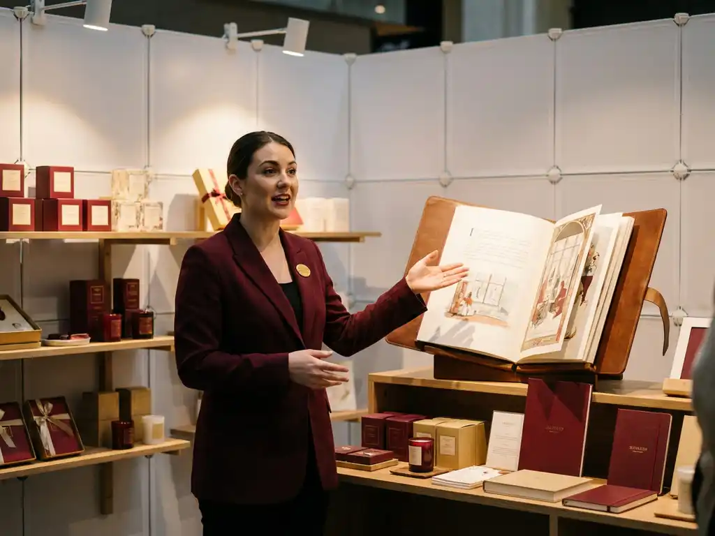 merkambassadeur-popup-store-storytelling-display.jpg Merkambassadeur presenteert een opengeslagen storybook-display in een stijlvolle pop-upstore met witte modulaire panelen en warme gouden spotverlichting.