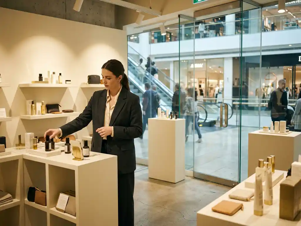 merkambassadeur-popup-winkel-display-luxe.jpg Merkambassadeur schikt premium producten op witte modulaire schappen in een minimalistische pop-upstore, warme spotlights, winkelcentrum op achtergrond.