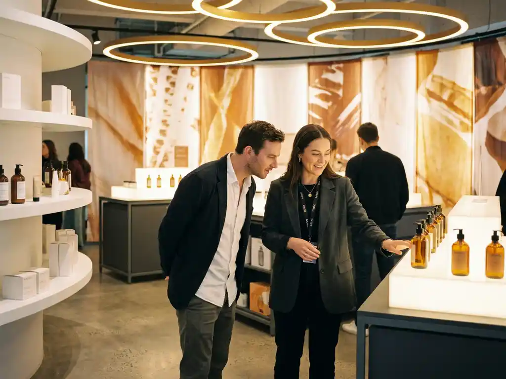merkambassadeur-popup-winkel-shopper.jpg Merkambassadeur helpt een nieuwsgierige shopper in een stijlvolle pop-up store met warme verlichting en premium productdisplays.