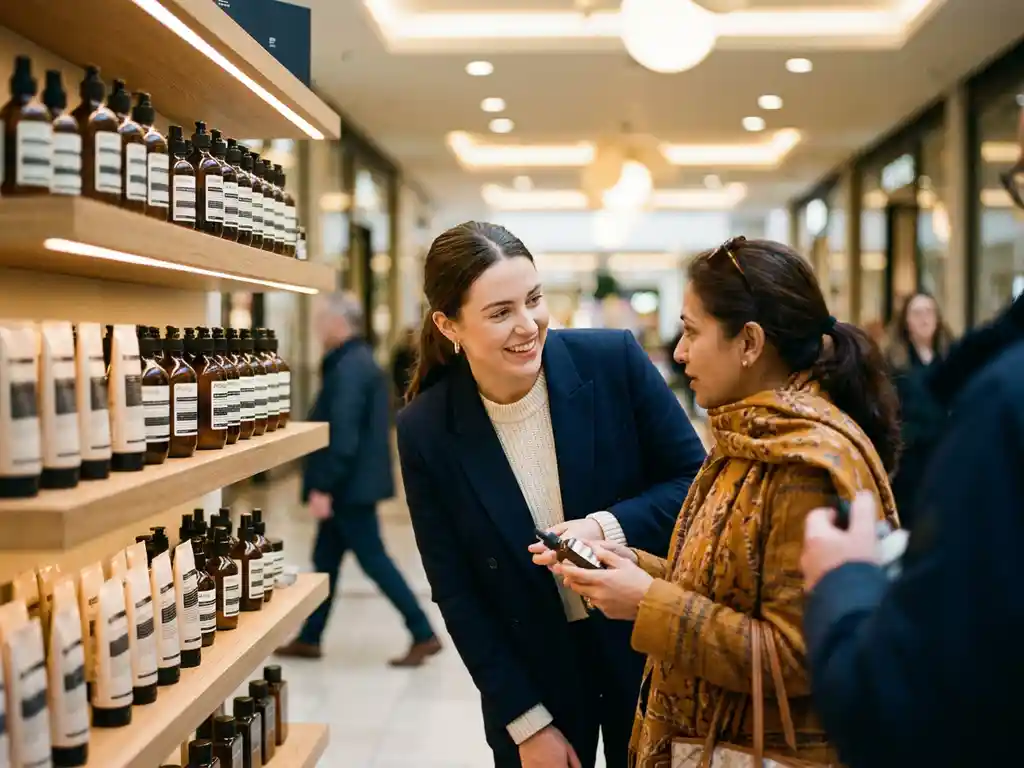 merkambassadeur-shopper-popup-winkel.jpg Merkambassadeur in gesprek met shopper bij pop-upstand in druk winkelcentrum, gevuld display met producten op achtergrond.