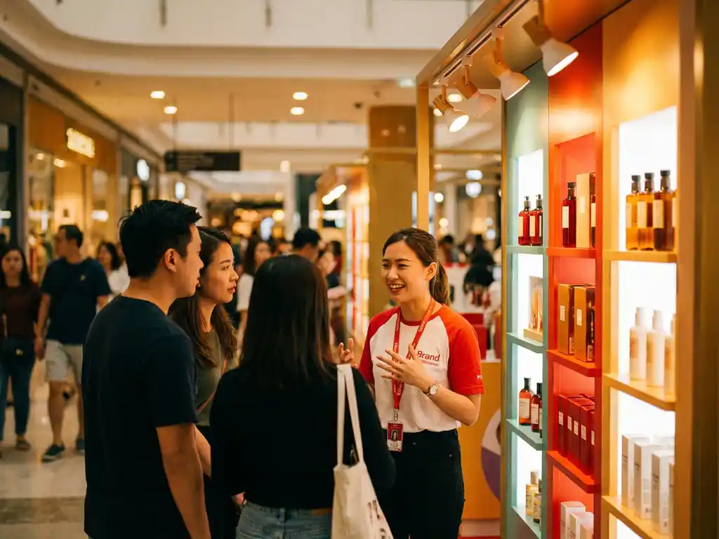 Merkambassadeur spreekt enthousiast shoppers aan bij kleurrijke pop-upwinkel in druk winkelcentrum met warme sfeerverlichting.