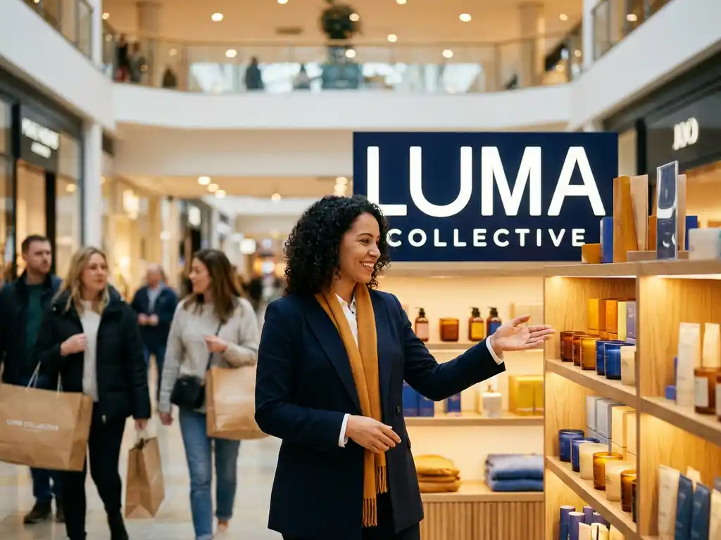 merkambassadeur-popup-winkel-shoppers-mall.jpg Merkambassadeur presenteert kleurrijke pop-up winkel met productschappen en opvallende merkreclame in druk winkelcentrum.