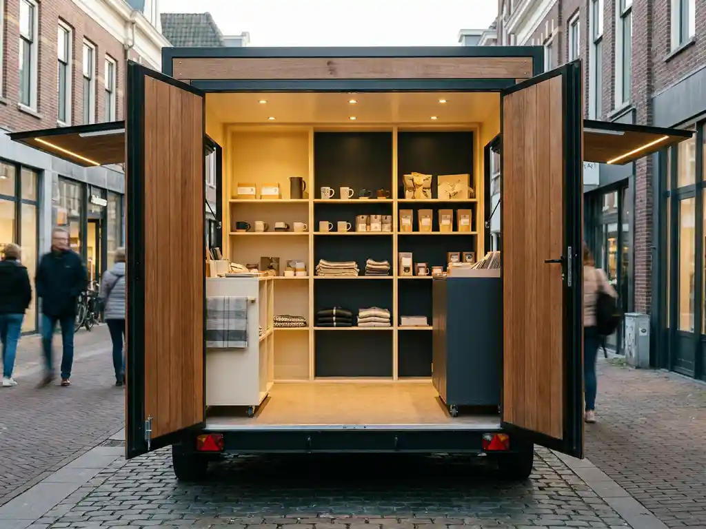 Mobiele pop-up store trailer met branded schappen en gouden spotverlichting op een drukke Nederlandse winkelstraat.