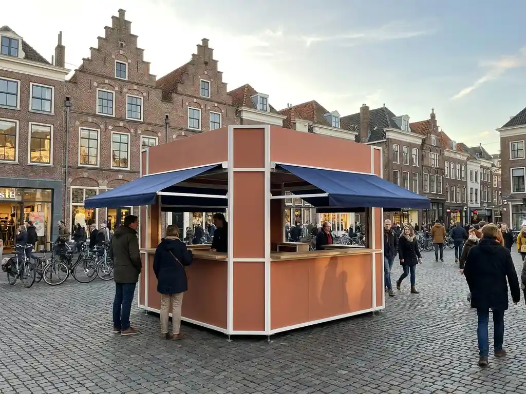 mobiele-popup-winkel-stadsplein-nederland.jpg Mobiele pop-upwinkel in terracotta en wit op een zonnig Hollands stadsplein, omringd door voorbijgangers in gouden middaglicht.