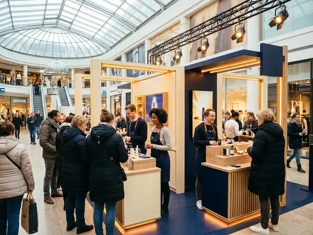 merkactivatie-popup-stand-winkelcentrum-nederland.jpg Pop-up merkactivatie stand in druk Nederlands winkelcentrum met merkambassadeurs, navy en crème displays onder warm amberkleurig licht.