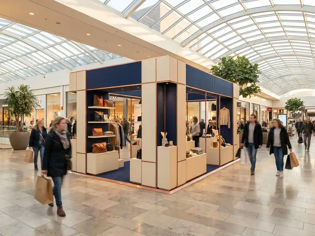 Branded pop-upkiosk in Nederlands winkelcentrum met modulaire displaypanelen, warme gouden belichting en crème en marineblauw kleurenpalet.
