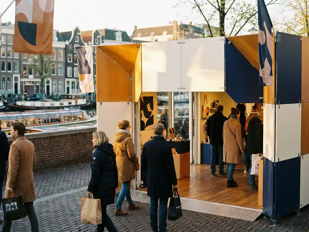 pop-up-winkel-hollandse-winkelstraat.jpg Pop-up winkel in drukke Nederlandse winkelstraat met kleurrijke modulaire displaypanelen, grachtenachtergrond in bokeh, warm amberkleurig middaglicht.