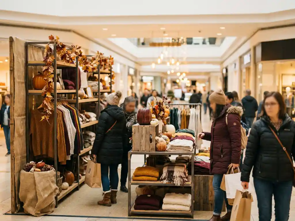 Pop-upwinkel in winkelcentrum met herfstbladeren, feestelijke ornamenten en kleurrijke productdisplays op modulaire schappen onder warm gouden licht.