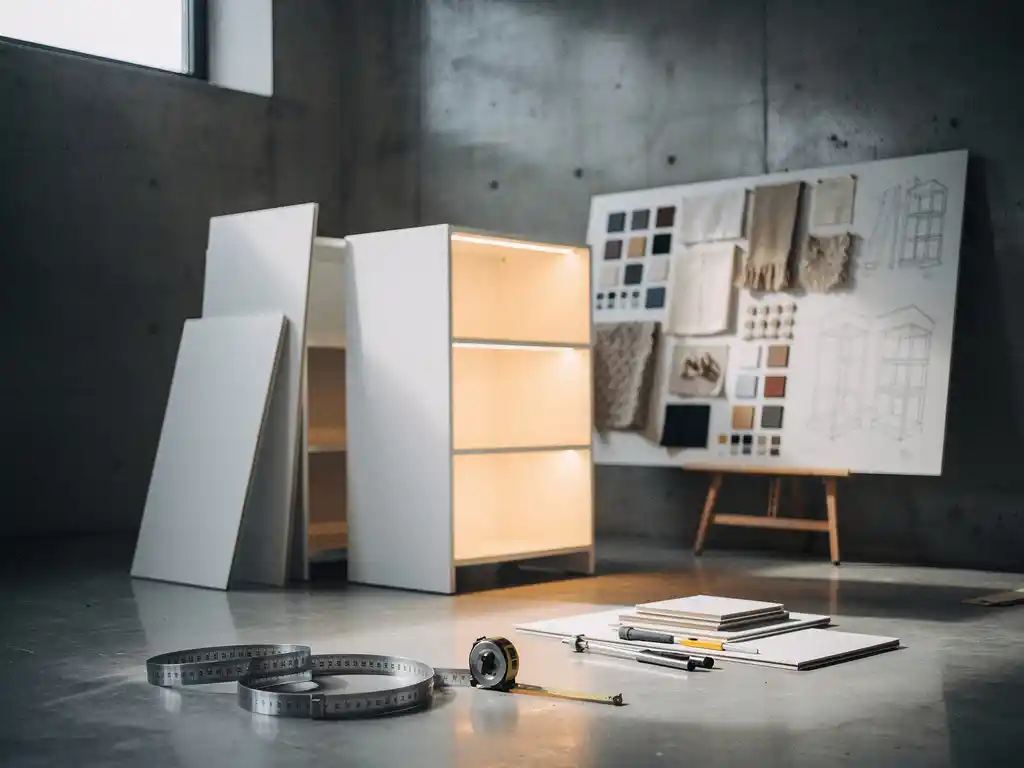popup-winkel-interieur-bouw-display.jpg Halfafgebouwde pop-upwinkel met witte modulaire panelen, staalkaarten op moodboard en meetlint op betonnen vloer in warm spotlicht.