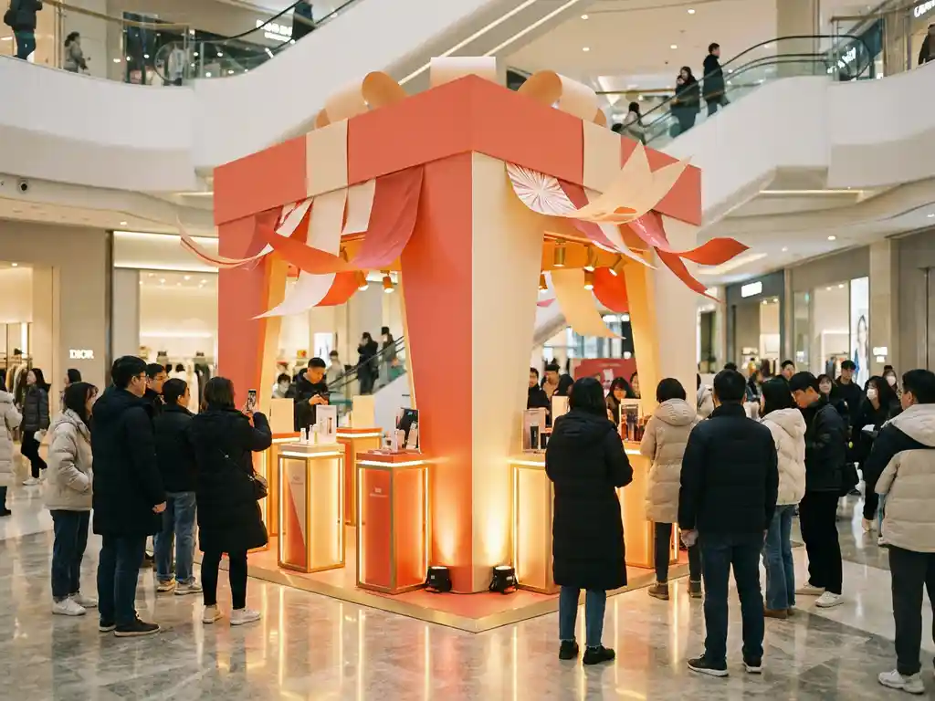 pop-up-winkel-winkelcentrum-merkervaring.jpg Pop-up winkel met koraalrode displays in druk winkelcentrumatrium, warme spotlights op glanzende vloer, nieuwsgierige bezoekers op de achtergrond.
