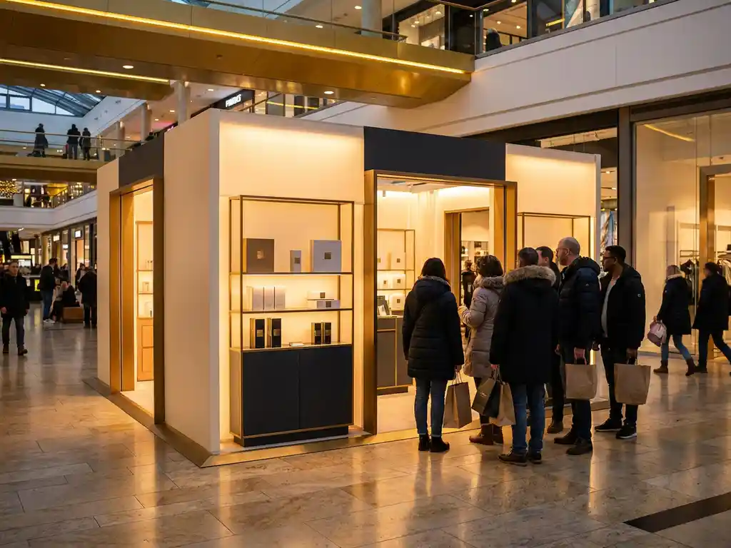 pop-up-winkel-mall-productdisplay.jpg Pop-up winkel in winkelcentrumatrium met gouden sfeerverlichting, modulaire displaypanelen met productverpakkingen en nieuwsgierige shoppers.