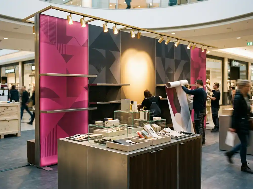 pop-up-winkel-booth-merkactivatie.jpg Pop-up merkwinkel in opbouw in een druk winkelcentrumatrium met magenta displaypanelen en gouden accentverlichting.