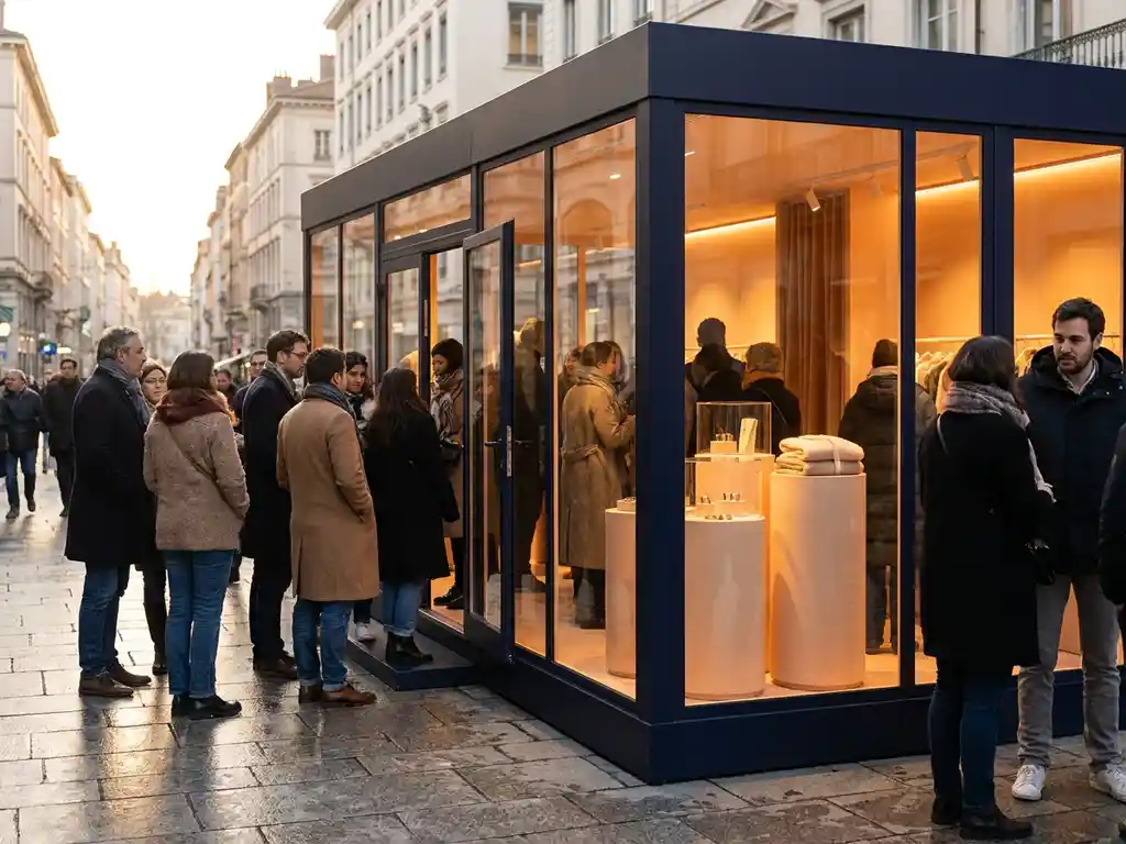 pop-up-winkel-merkactivatie-winkelstraat.jpg Pop-upwinkel met warme merkactivatie trekt winkelend publiek op drukke stadsstraat, navy en amber verlichting.