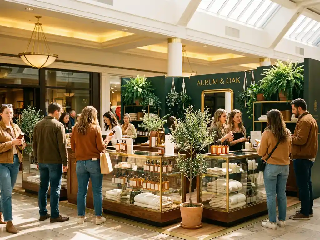 Branded pop-upwinkel in zonnig winkelcentrumatrium met nieuwsgierige shoppers bij premium productdisplays en weelderig groen.