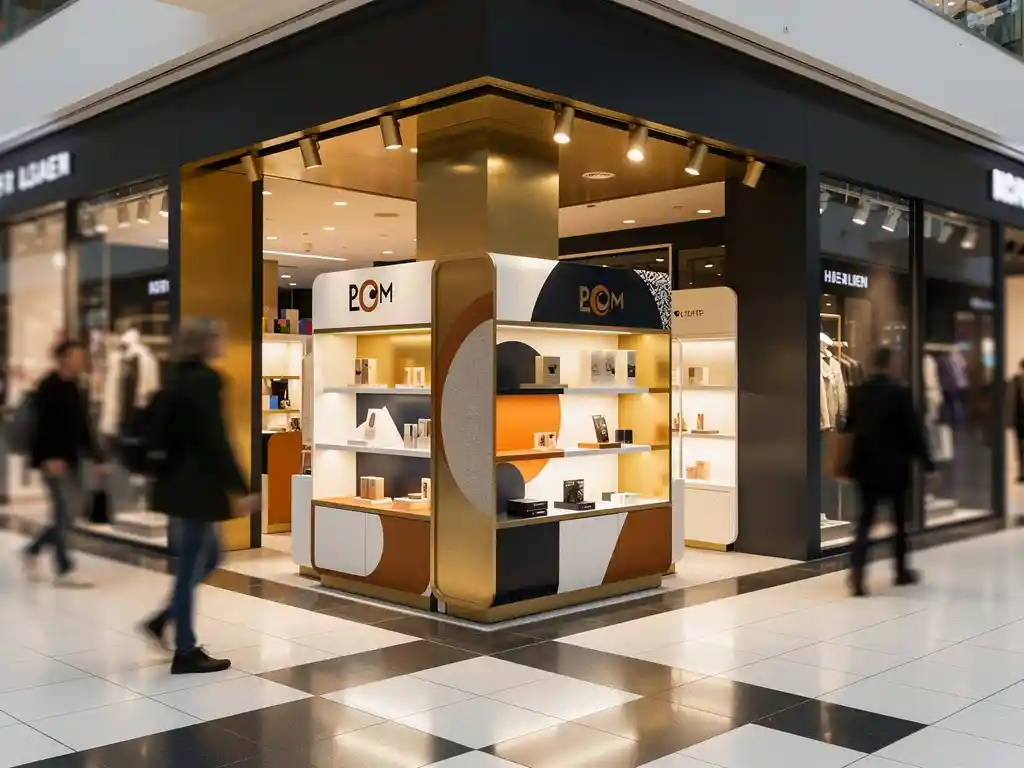 pop-up-winkel-winkelcentrum-voetgangers.jpg Pop-upwinkel met gedurfde merkdisplays op een druk kruispunt in een modern Nederlands winkelcentrum, verlicht door warm gouden retaillicht.