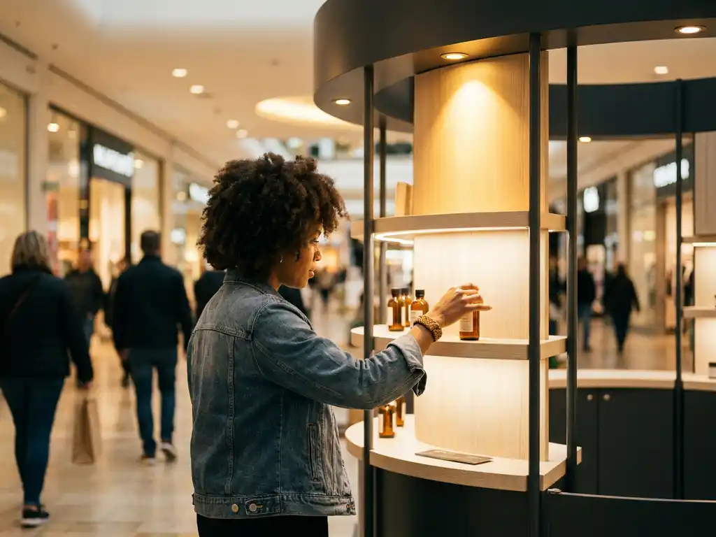 winkel-popup-stand-shopper-producten.jpg Shopper die een product aanraakt in een verlichte pop-up winkelstand in een druk winkelcentrum, warme gouden spots en ondiepe scherptediepte.