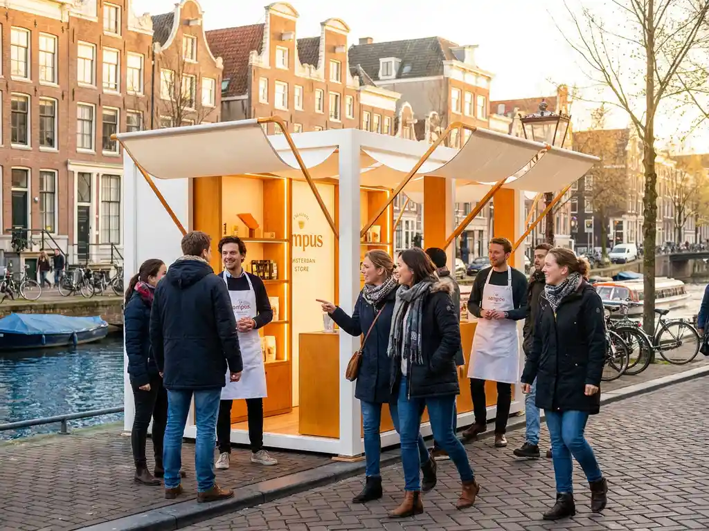 pop-up-winkel-amsterdam-grachten.jpg Pop-up winkel langs Amsterdamse gracht met nieuwsgierige voorbijgangers die interacteren met brand ambassadors in warm middaglicht.
