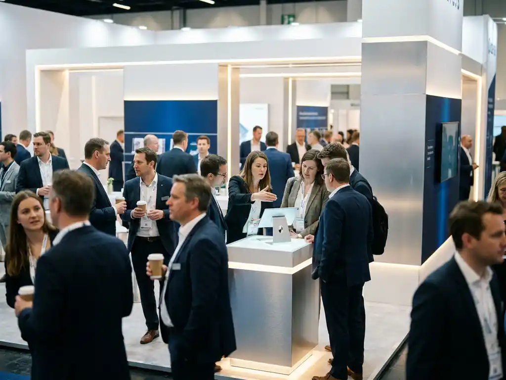 beurs-stand-productdemonstratie-bezoekers.jpg Drukke beursvloer met bezoekers rond een modern standdisplay, terwijl een professional een product demonstreert aan een kleine groep.