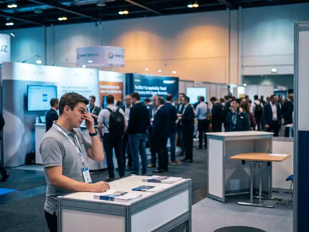 eerste-beurs-deelnemer-overweldigd-beursstand.jpg Overweldigde eerste deelnemer op drukke beursvloer, omringd door goed bezochte stands, lege eigen booth op de achtergrond.