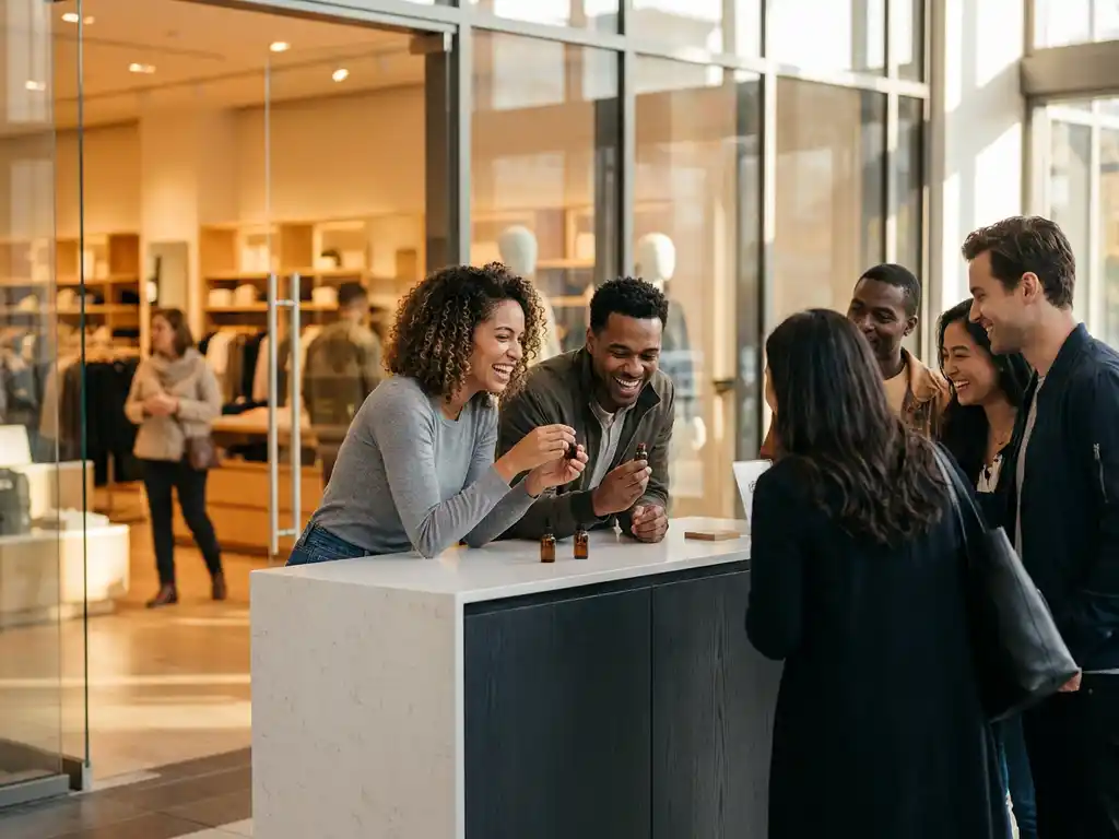 productactivatie-shoppers-popup-beleving-retail.jpg Nieuwsgierige shoppers proeven een nieuw product bij een pop-up activatie, omringd door een kleine menigte in een moderne winkelomgeving.