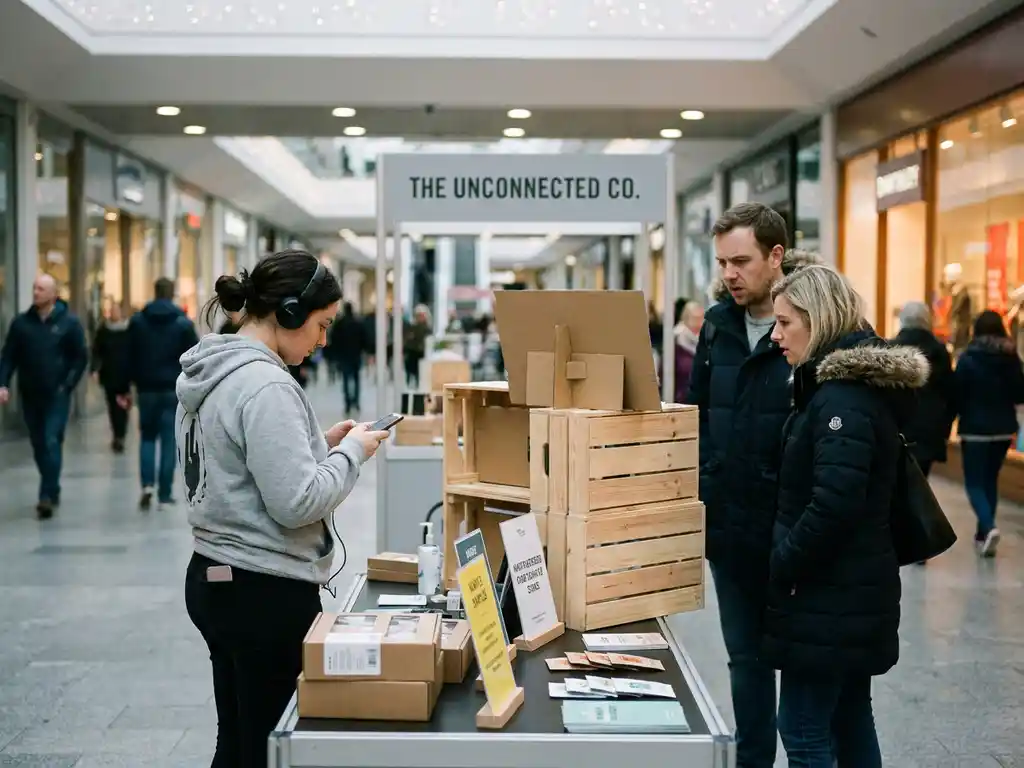 merkambassadeur-afgeleid-popup-stand-bezoekers.jpg Afgeleide merkambassadeur keert zich af van bezoekers bij een rommelige pop-upstand in een winkelcentrum, met onbeheerde productsamples op de toonbank.