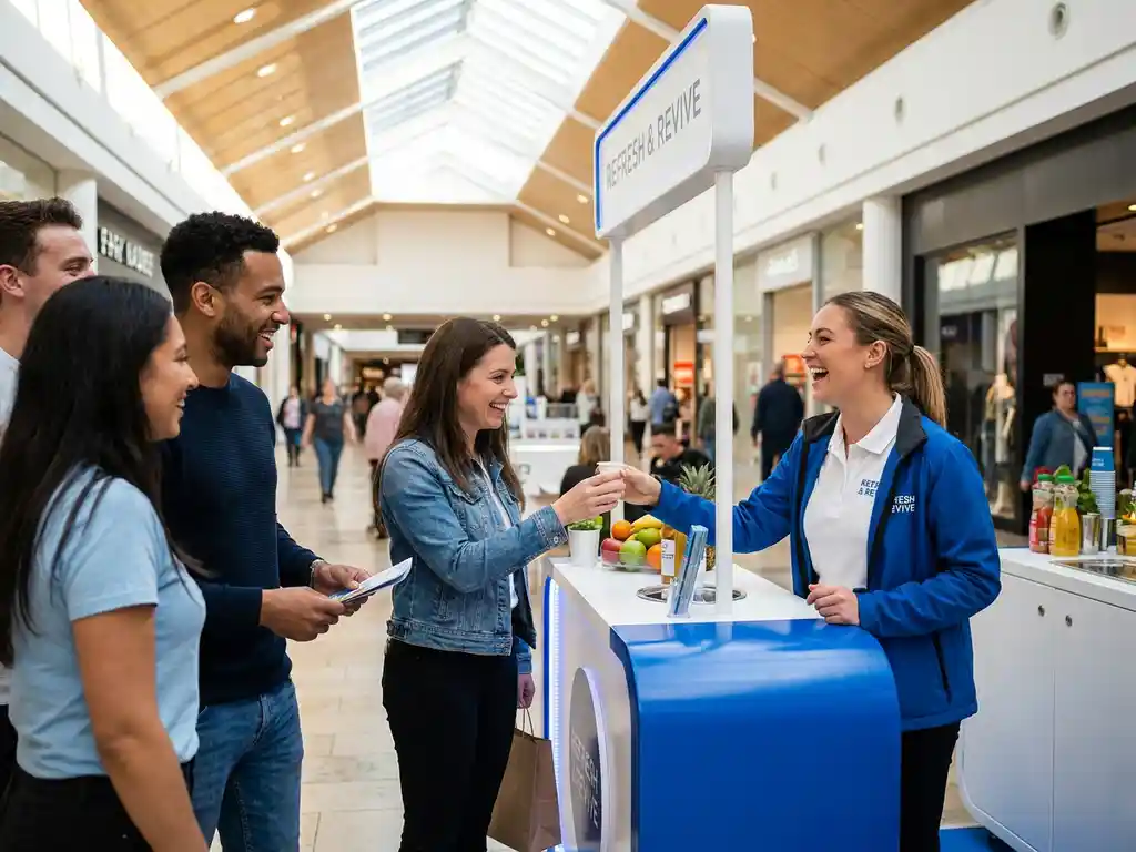 Merkambassadeur deelt productsamples uit aan winkelende bezoekers tijdens een pop-up activatie in een druk winkelcentrum.