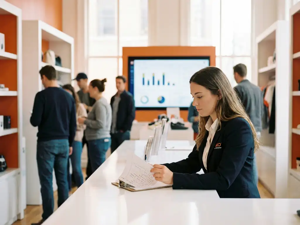 Merkambassadeur bij een pop-upstand bekijkt bezoekersdata op klembord, consumenten en grafiekenscherm zichtbaar op achtergrond.