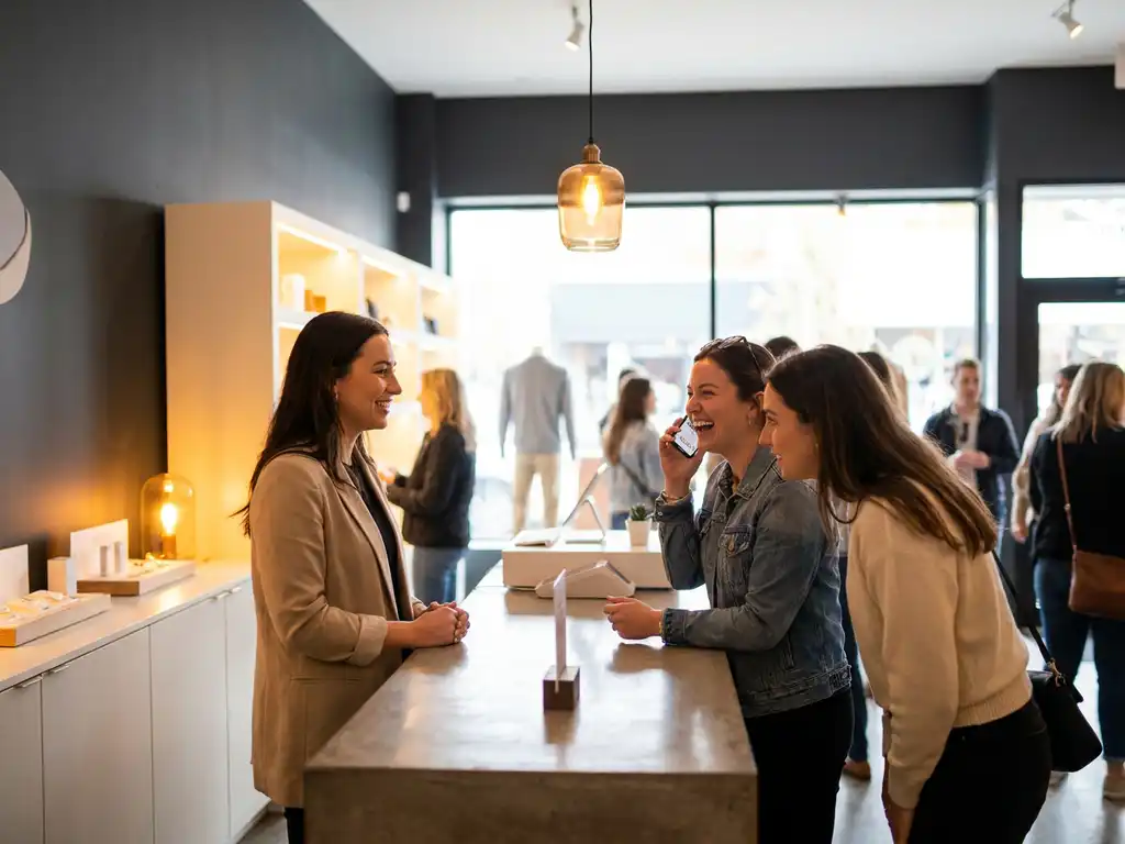 merkambassadeur-popup-winkel-klanten-interactie.jpg Merkambassadeur helpt twee shoppers bij het testen van een product in een stijlvolle pop-upwinkel met warme sfeerverlichting.