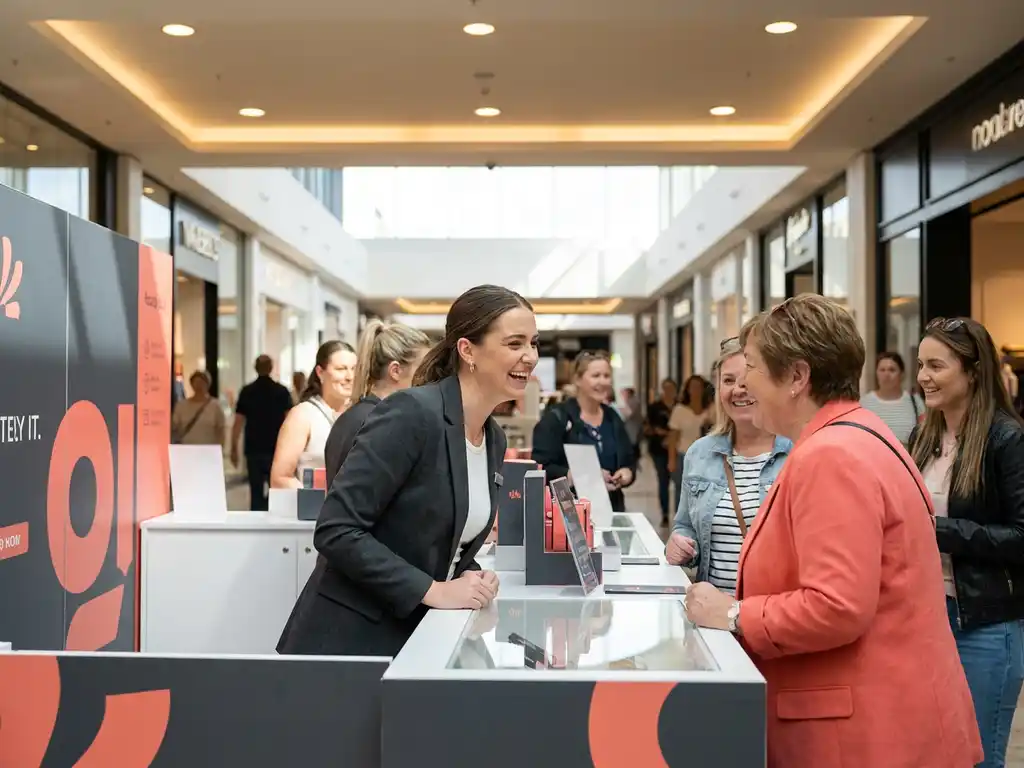 merkambassadeur-winkel-popup-activatie-shopper.jpg Merkambassadeur in gesprek met nieuwsgierige shopper bij pop-up activatie in druk winkelcentrum, omringd door kleine menigte.