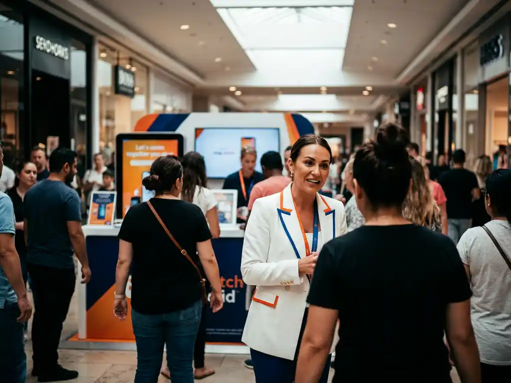 Zelfverzekerde brand ambassador in gesprek met winkelende bezoekers in druk winkelcentrum, warme glimlach, onscherpe retailachtergrond.