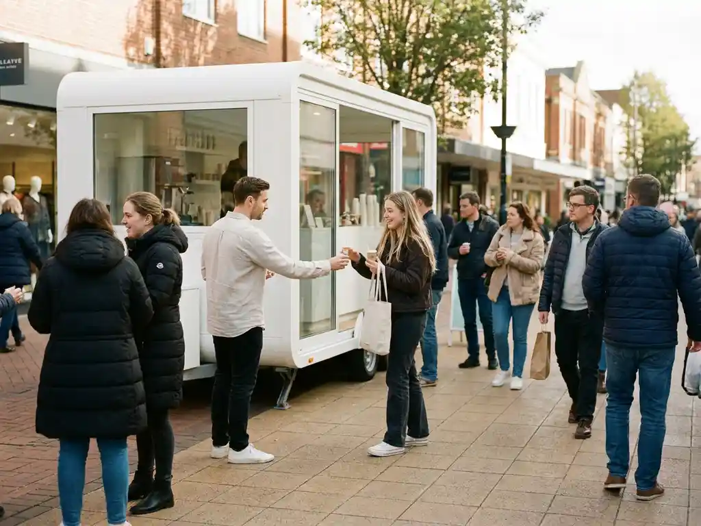 Witte mobiele pop-upwinkel op drukke winkelstraat, merkambassadeur reikt sample aan jonge vrouw tussen voorbijgangers.