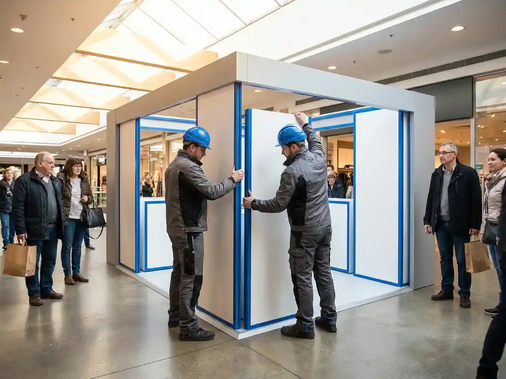 modulaire-popup-winkel-montage-winkelcentrum.jpg Twee medewerkers assembleren een modulaire pop-upwinkel met witte panelen in een druk winkelcentrum, toeschouwers kijken nieuwsgierig toe.