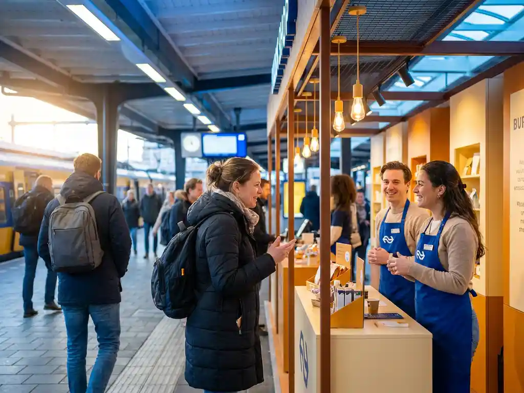 Reizigers bij een pop-upwinkel op NS-station, waar brand ambassadors producten demonstreren aan nieuwsgierige forensen.