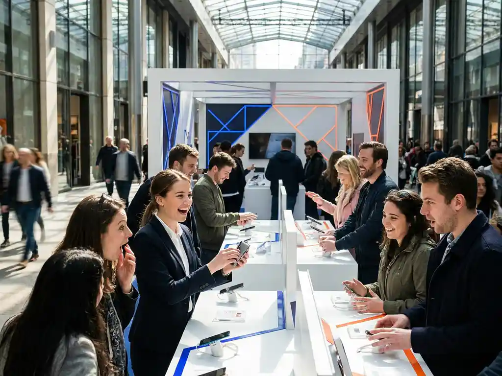 Consumenten testen producten bij een pop-up activatie in een druk winkelcentrum, begeleid door een brand ambassador.