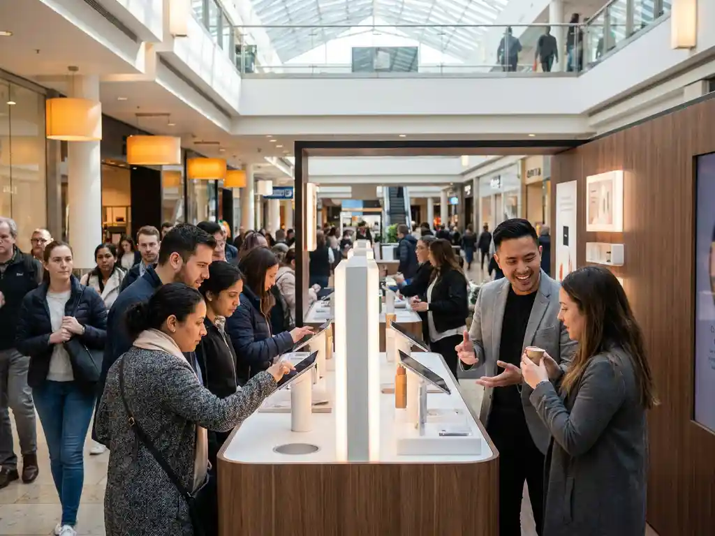 pop-up-activatie-winkelcentrum-merkambassadeur.jpg Pop-upstand in druk winkelcentrum met merkambassadeur in gesprek met bezoeker, omringd door nieuwsgierige menigte.