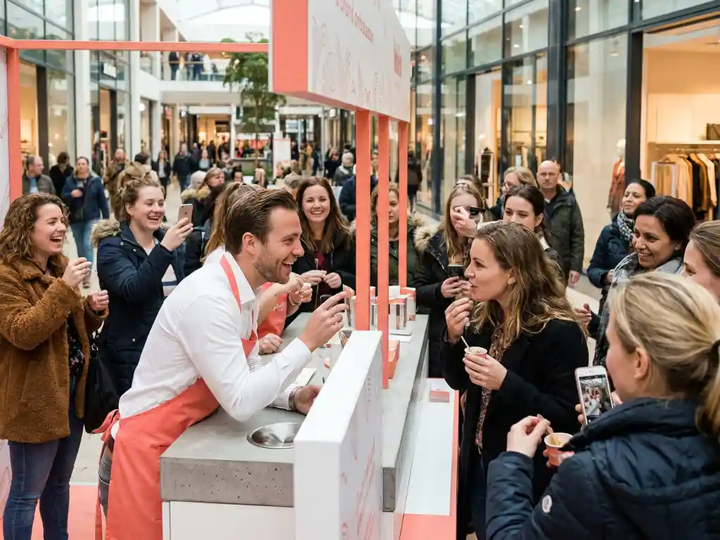 Merkambassadeur in gesprek met bezoeker tijdens pop-up activatie in Nederlands winkelcentrum, omringd door proevende en fotograferende menigte.