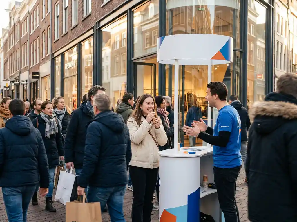 Jonge vrouw proeft product bij pop-up merkactivatie in drukke Nederlandse winkelstraat, omringd door nieuwsgierige shoppers.