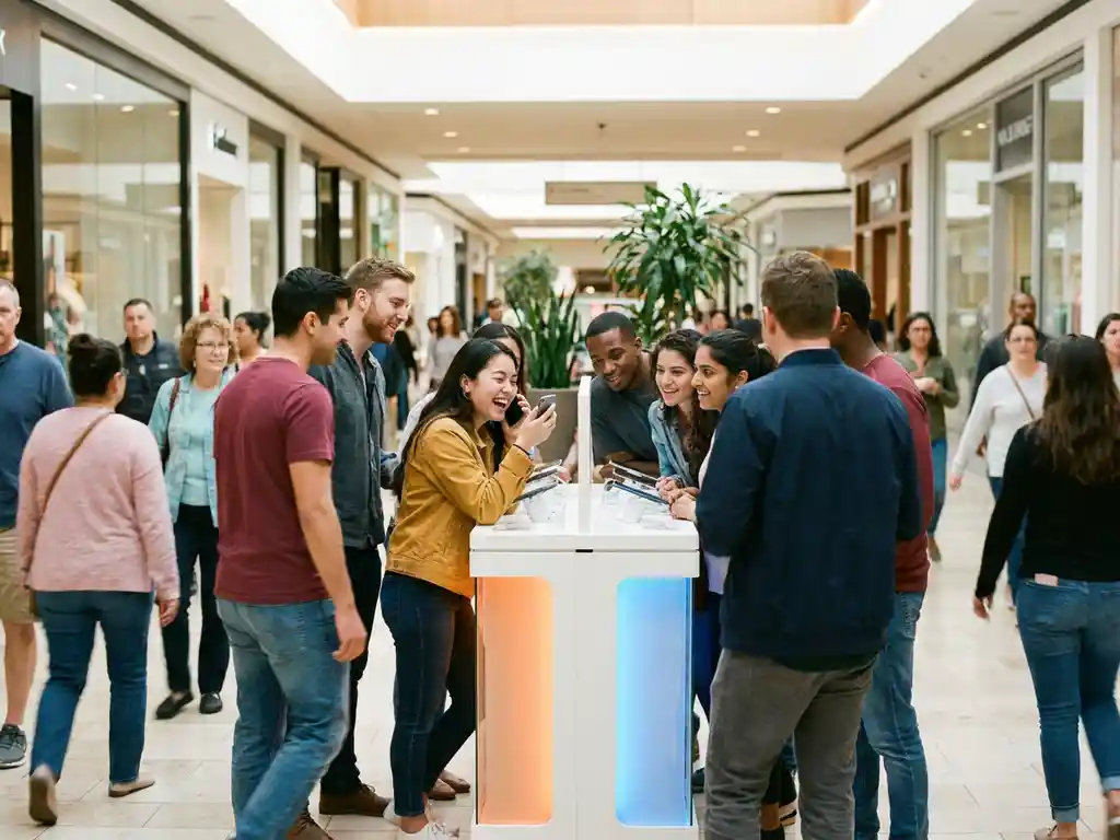 pop-up-activatie-winkelcentrum-consument.jpg Drukke pop-up merkactivatie in winkelcentrum met diverse consumenten rond een tijdelijke retailopstelling, jonge vrouw test enthousiast een product.