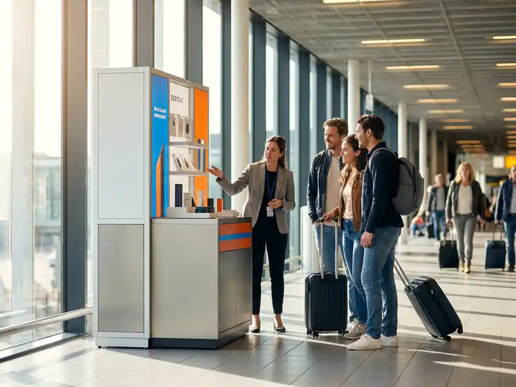pop-up-winkel-luchthaven-schiphol-retail.jpg Pop-upwinkel in Schiphol-terminal met reizigers en brand ambassador, daglicht door grote ramen, moderne uitstraling.