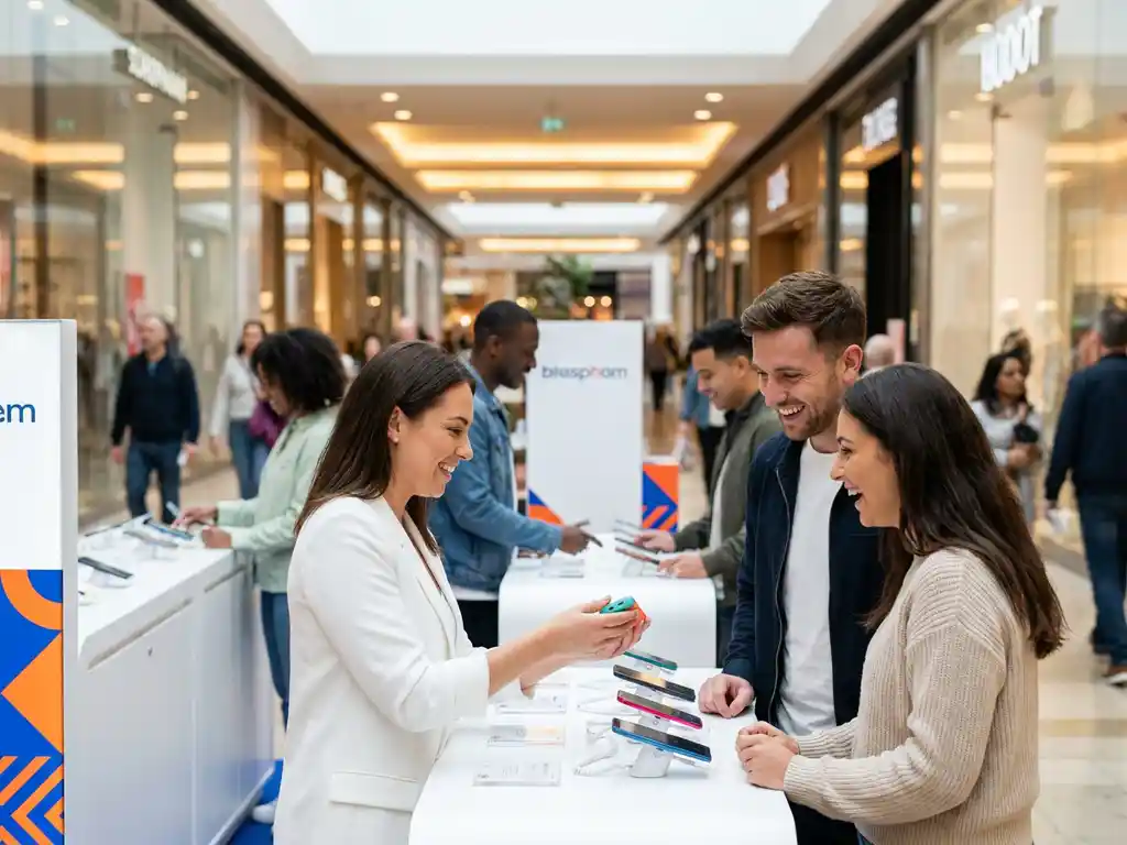 Merkambassadeur demonstreert nieuw product aan bezoekers bij een moderne pop-upstore in winkelcentrum.