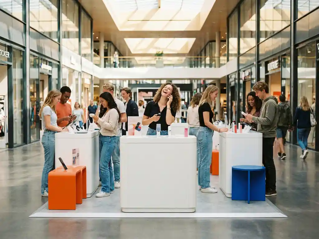 Jonge shoppers testen producten bij een pop-upwinkel in een modern Nederlands winkelcentrum, met natuurlijk daglicht door atriumdaken.