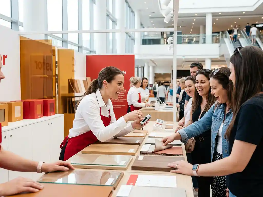 pop-up-winkel-lancering-shoppers.jpg Winkelend publiek bij een pop-upstand in een modern winkelcentrum, terwijl een brand ambassador enthousiast een product demonstreert.