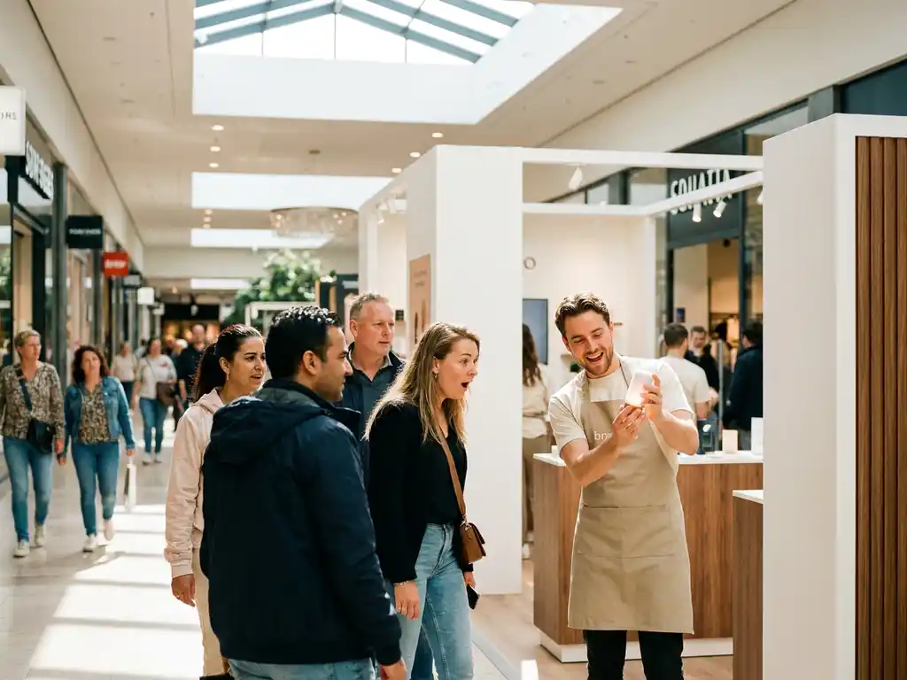 Enthousiaste merkambassadeur demonstreert product bij pop-upwinkel in Nederlands winkelcentrum, omringd door nieuwsgierige shoppers.
